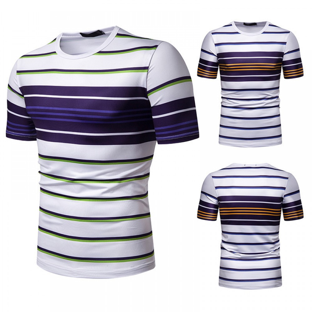 New Summer Men's Short-Sleeved T-Shirt Contrast Striped Slim Casual T-Shirt